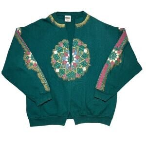 Tultex Vintage Geometric Quilt Print Cardigan Sweater Women's XL Glitter Granny